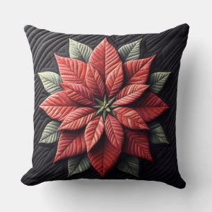 Quilted Pattern Poinsettia Black Throw Pillow