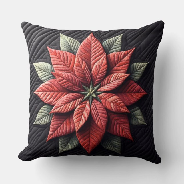 Quilted Pattern Poinsettia Black Throw Pillow (Front)
