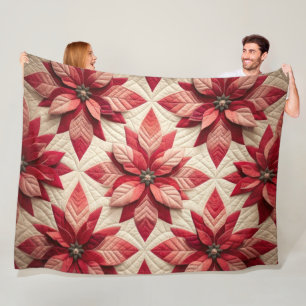 Quilted Pattern Poinsettia Cream Red Fleece Blanket