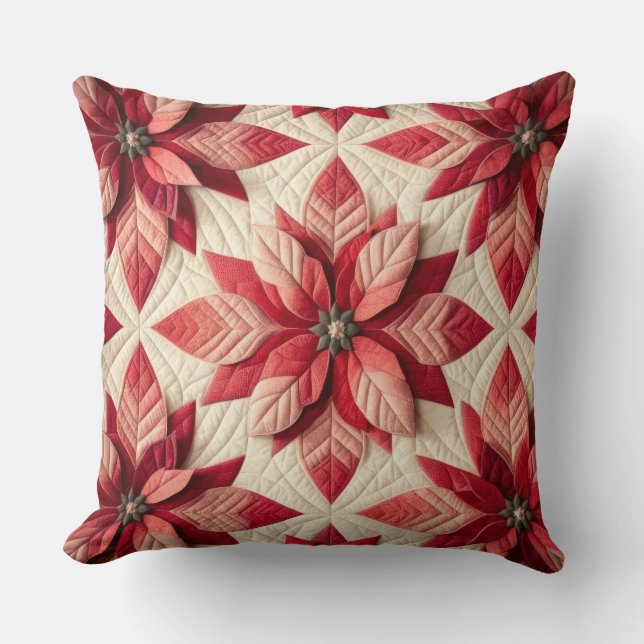 Quilted Pattern Poinsettia Cream Red Throw Pillow (Front)