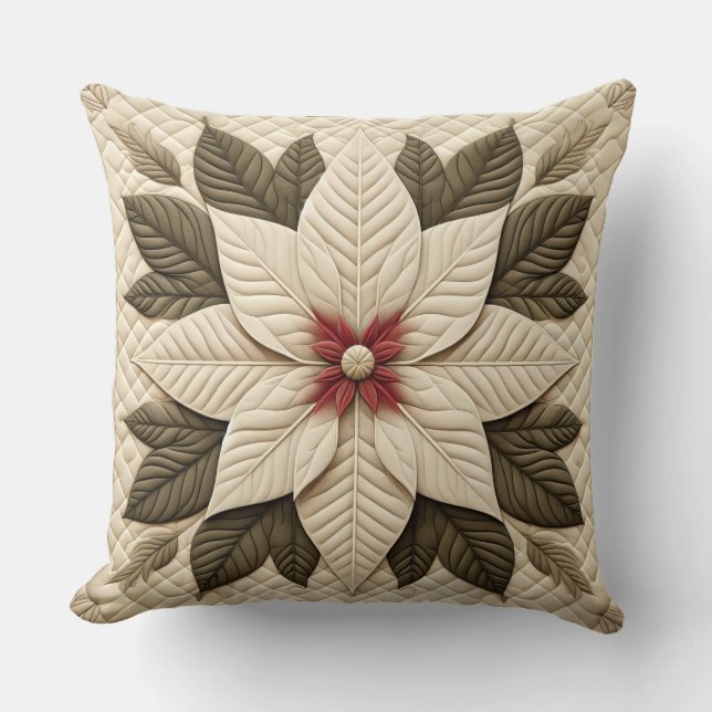 Quilted Pattern Poinsettia Cream Throw Pillow (Front)