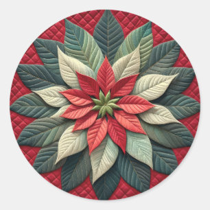 Quilted Pattern Poinsettia Red Classic Round Sticker