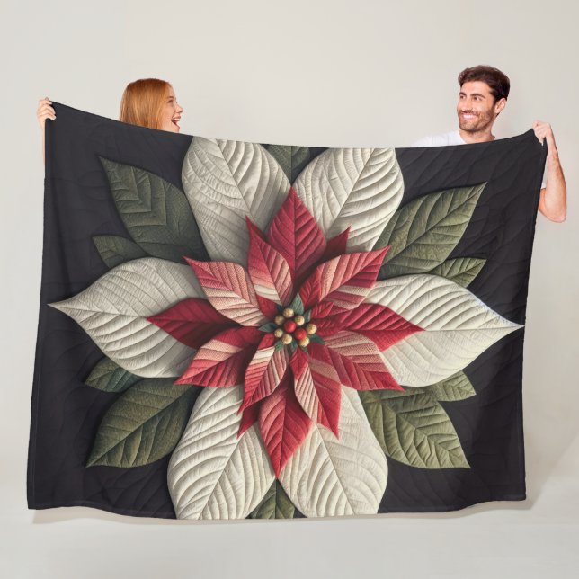 Quilted Pattern Poinsettia Red Green Black Fleece Blanket (In Situ)