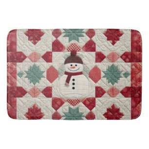 Quilted Pattern Snowman Red White Green Bath Mat