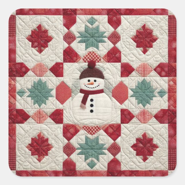 Quilted Pattern Snowman Red White Green Square Sticker (Front)