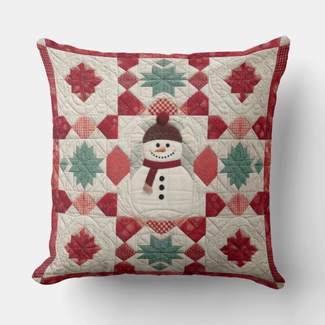 Quilted Pattern Snowman Red White Green Throw Pillow (Front)