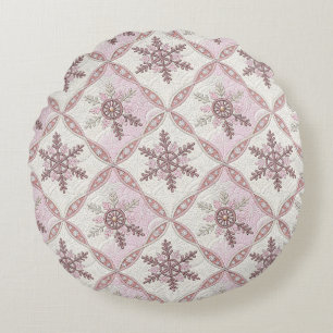 Quilted Pink Snowflake Pattern Winter Round Pillow