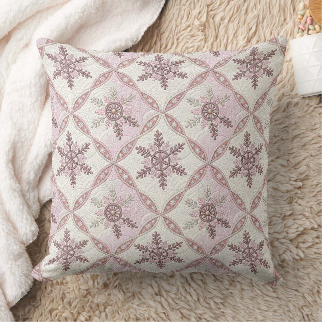 Quilted Pink Snowflake Pattern Winter Throw Pillow (Blanket)