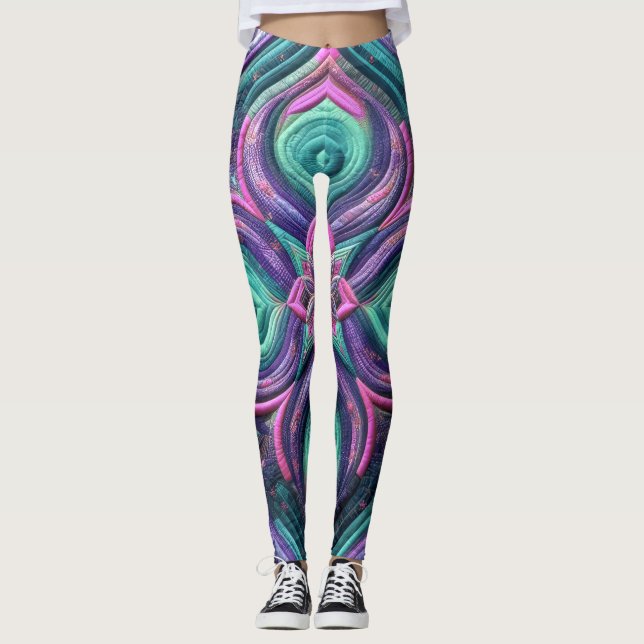 Quilted Purple Pink Aqua Abstract Design Leggings (Front)