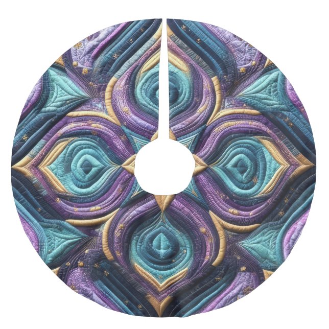 Quilted Purple Turquoise Blue Abstract Design Brushed Polyester Tree Skirt (Front)