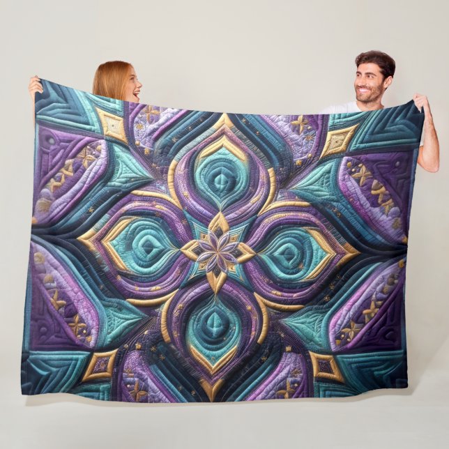 Quilted Purple Turquoise Blue Abstract Design Fleece Blanket (In Situ)