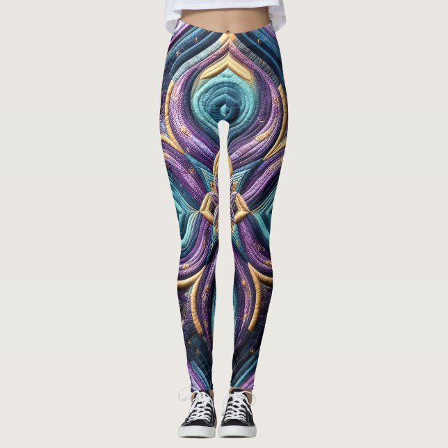 Quilted Purple Turquoise Blue Abstract Design Leggings (Front)