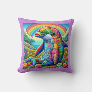 Quilted Rainbow Dolphin Delight Throw Pillow