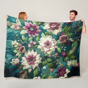 Quilted Teal Blue Floral Design Fleece Blanket