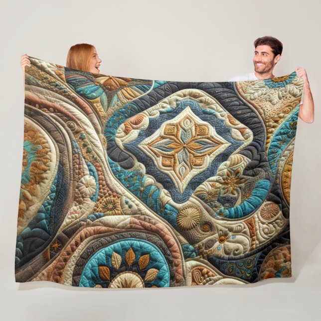 Quilted Teal Blue Gold Abstract Design Fleece Blanket (In Situ)