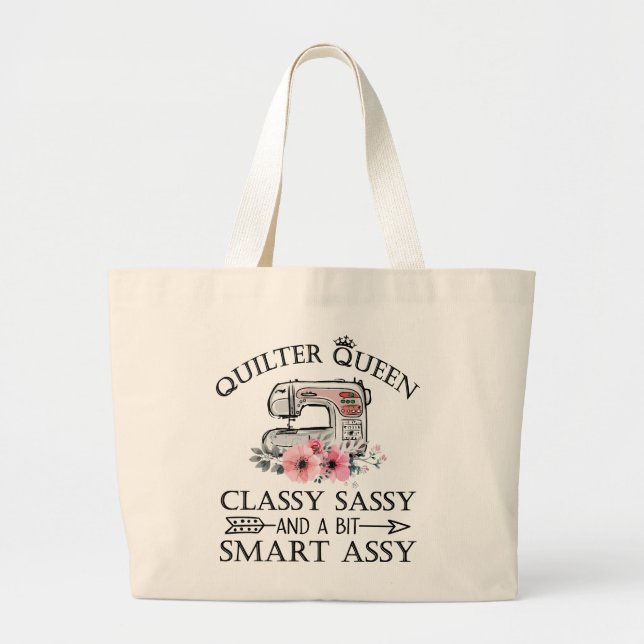 Quilter Queen Funny Sewing Crafts Pink Floral  Large Tote Bag (Front)