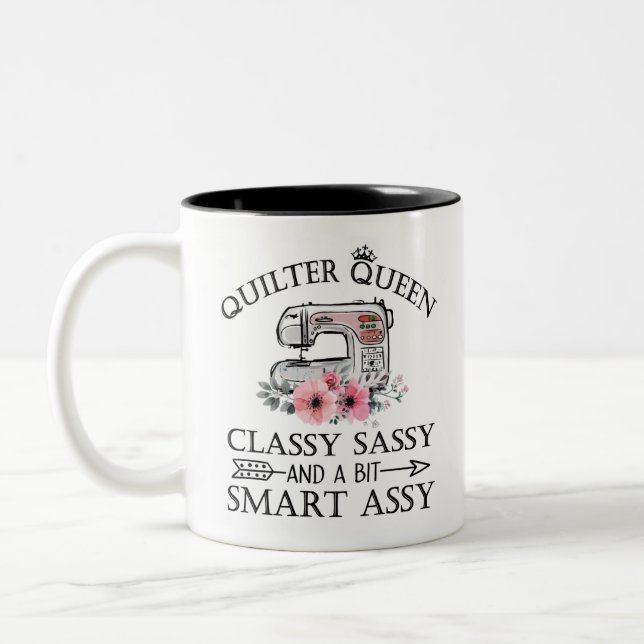 Quilter Queen Funny Sewing Crafts Pink Floral Two-Tone Coffee Mug (Left)