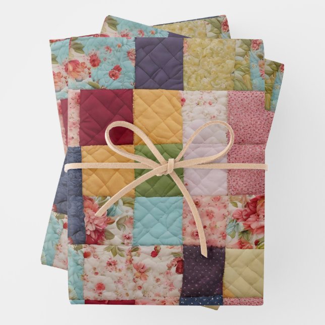Quilting Patchwork Colourful Floral Squares  Wrapping Paper Sheet (In situ)