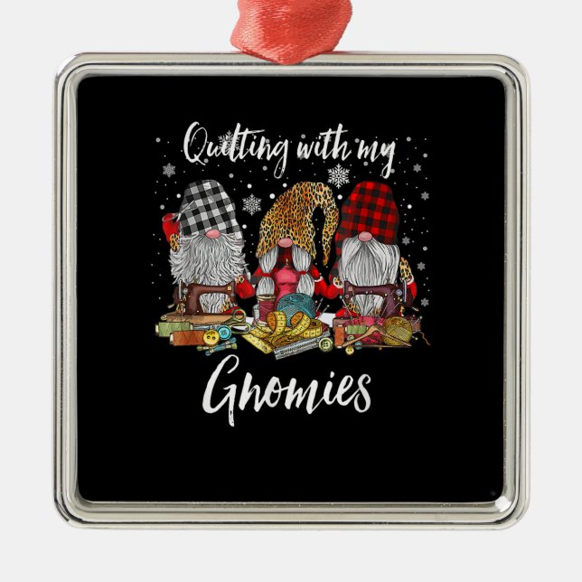 Quilting With My Gnomies Christmas Gnomes Holiday Metal Ornament (Front)