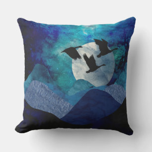 Quiltlike blue mountains, full moon & flying geese outdoor pillow