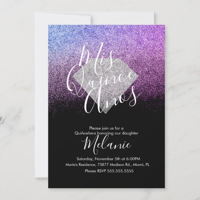 Quiñce Faux Glitter Diamond Black Purple Birthday  Invitation (Front)