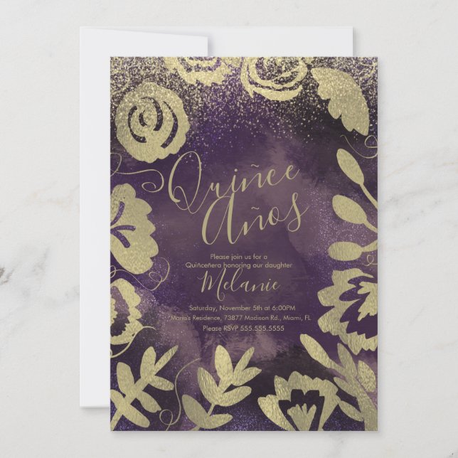 Quiñce Faux Glitter Purple Floral Gold Birthday Invitation (Front)