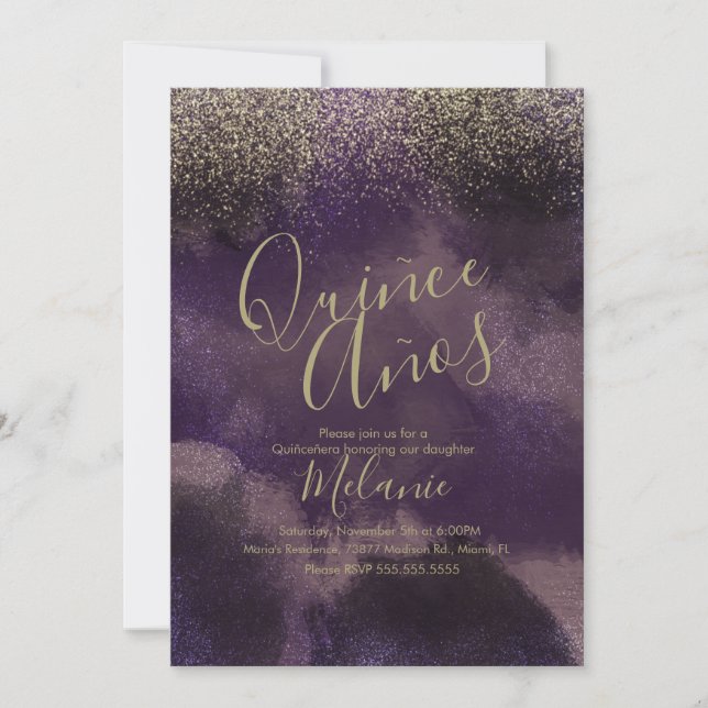 Quiñce Faux Glitter Purple Gold Abstract Birthday Invitation (Front)