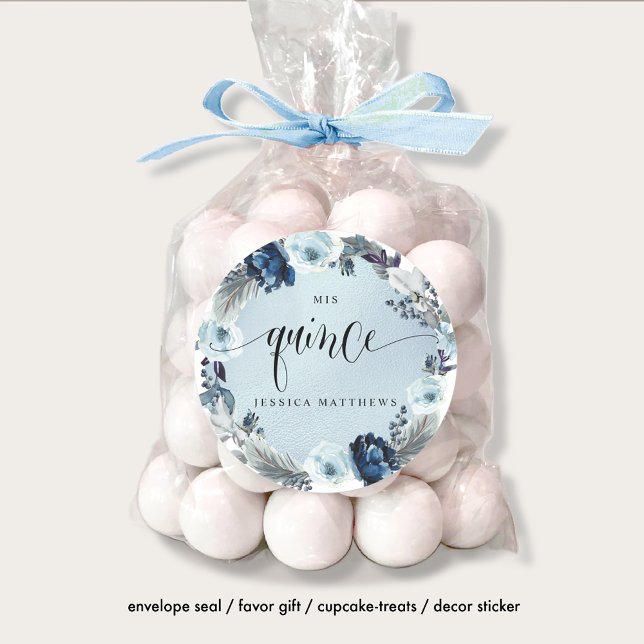 Quince, Spanish, Light Blue Floral Wreath Classic Round Sticker (Creator Uploaded)