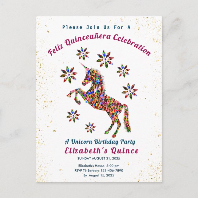 Quince Unicorn Quinceañera Birthday Celebration Postcard (Front)