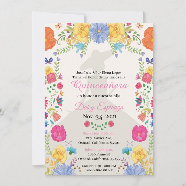 Quinceañera Invitation multi color, flowers  (Devant)