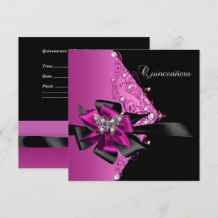 Quinceanera 15 Birthday Party Hot Pink Black Invitation