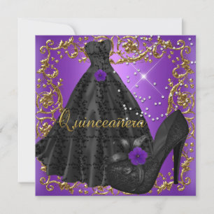 Quinceanera 15 Birthday Party Purple Black Dress Invitation