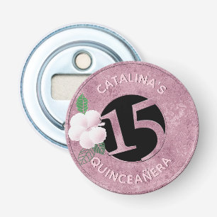 Quinceanera 15 Birthday Pink Faux Metallic Floral Bottle Opener