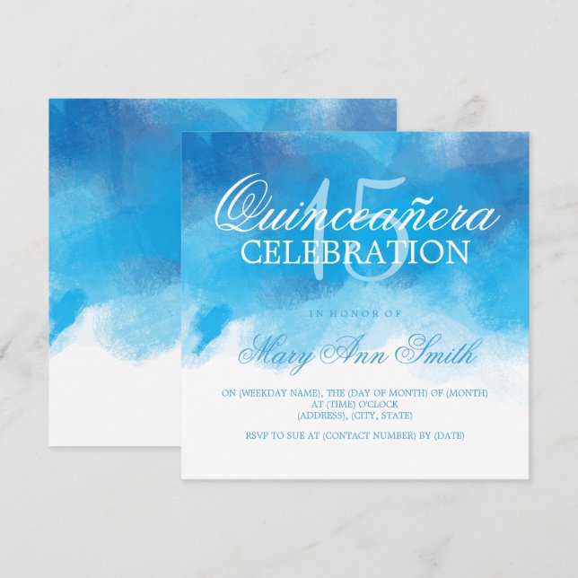 Quinceanera 15 Birthday Summer Blue Watercolor Invitation (Front/Back)