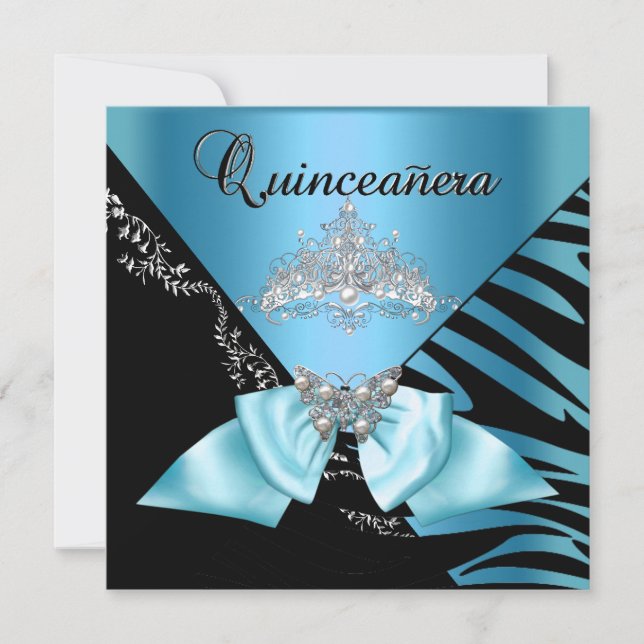 Quinceanera 15  Birthday Zebra Blue Black Tiara Invitation (Front)