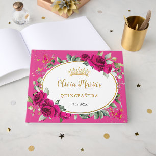  Quinceanera 15 Fuchsia Pink Floral Butterfly Gold Guest Book