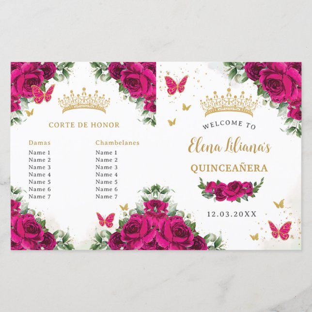 Quinceañera 15 Fuchsia Pink Floral Gold Program (Front)