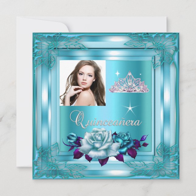 Quinceanera 15 Party Blue Teal Roses Photo Invitation (Front)