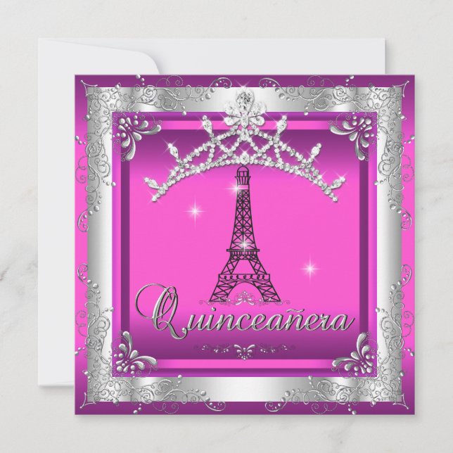 Quinceanera 15 Pink Silver Tiara Eiffel Tower Invitation (Front)
