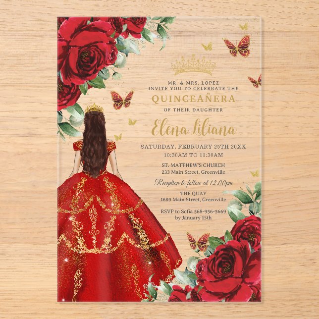 Quinceañera 15 Sweet 16 Red Roses Flowers Floral Acrylic Invitations (Front)