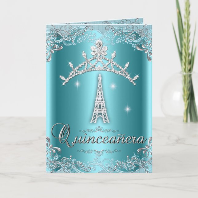 Quinceanera 15 Teal Blue Silver Tiara Eiffel Tower Invitation (Front)