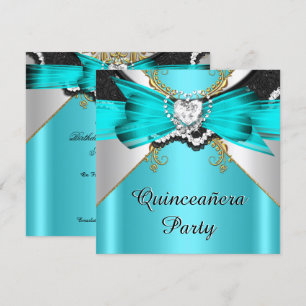 Quinceanera 15 Teal Gold Lace Jewelled Party Invitation