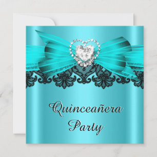 Quinceanera 15 Teal white Lace Jewelled Party 2 Invitation