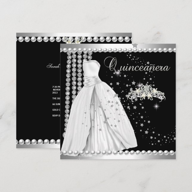 Quinceanera 15 Tiara Gown Black Silver White Invitation (Front/Back)