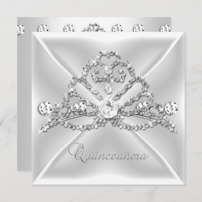 Quinceanera 15 Tiara Silver White Diamond 2 Invitation (Front/Back)