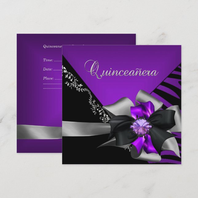 Quinceanera 15 Zebra Purple Black Silver Invitation (Front/Back)
