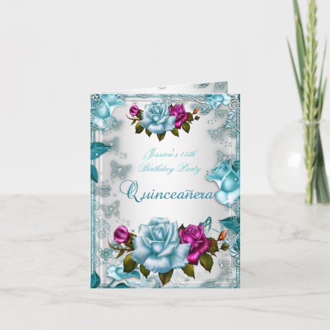 Quinceanera 15e Invitation Rose Turquoise bleue bl (Devant)