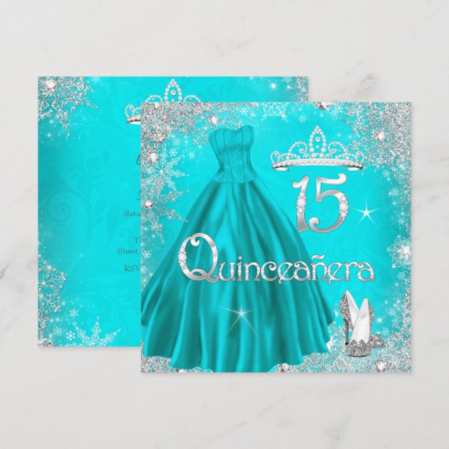 Quinceanera 15th Aqua Silver Snowflakes Party 2 Invitation (Front/Back)