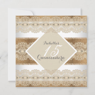 Quinceanera 15th Birthday beige lace Burlap 2 Invitation