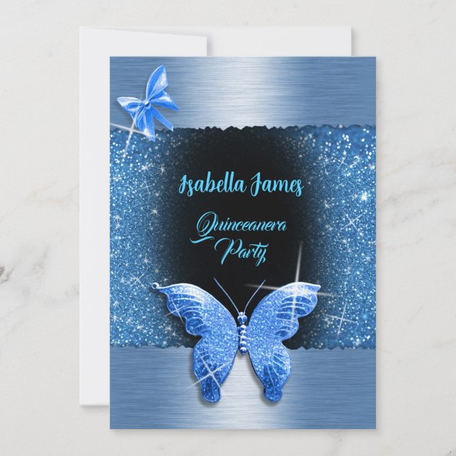 Quinceañera 15th birthday black blue foil luxury invitation (Front)